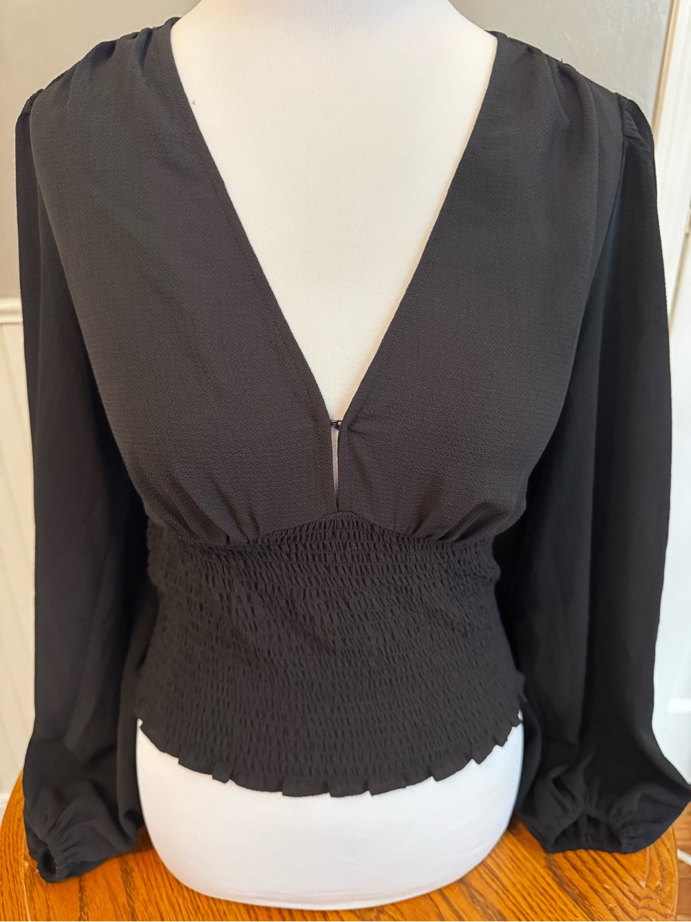 Express Black V-Neck Smocked Waist Long-Sleeve Blouse